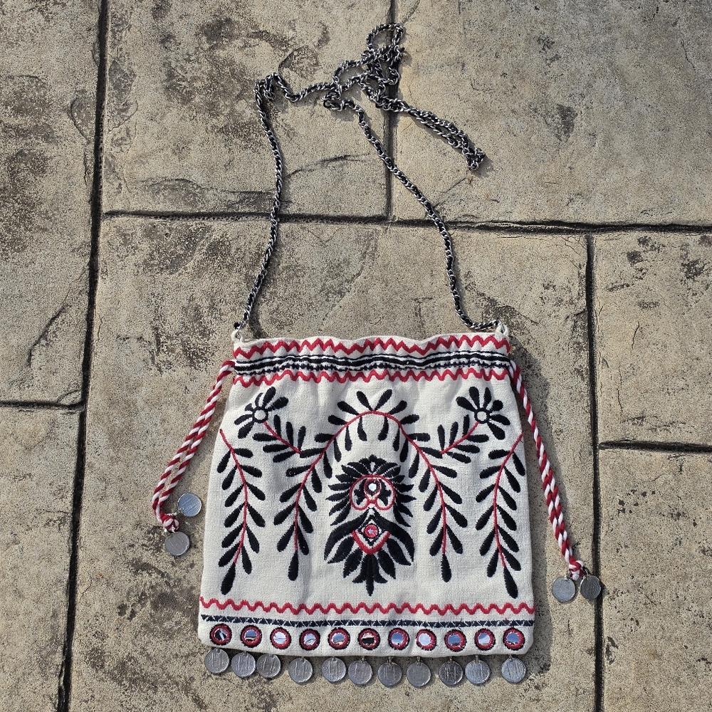 Free People Emmie Embroidered Crossbody Ivory/Red/Black